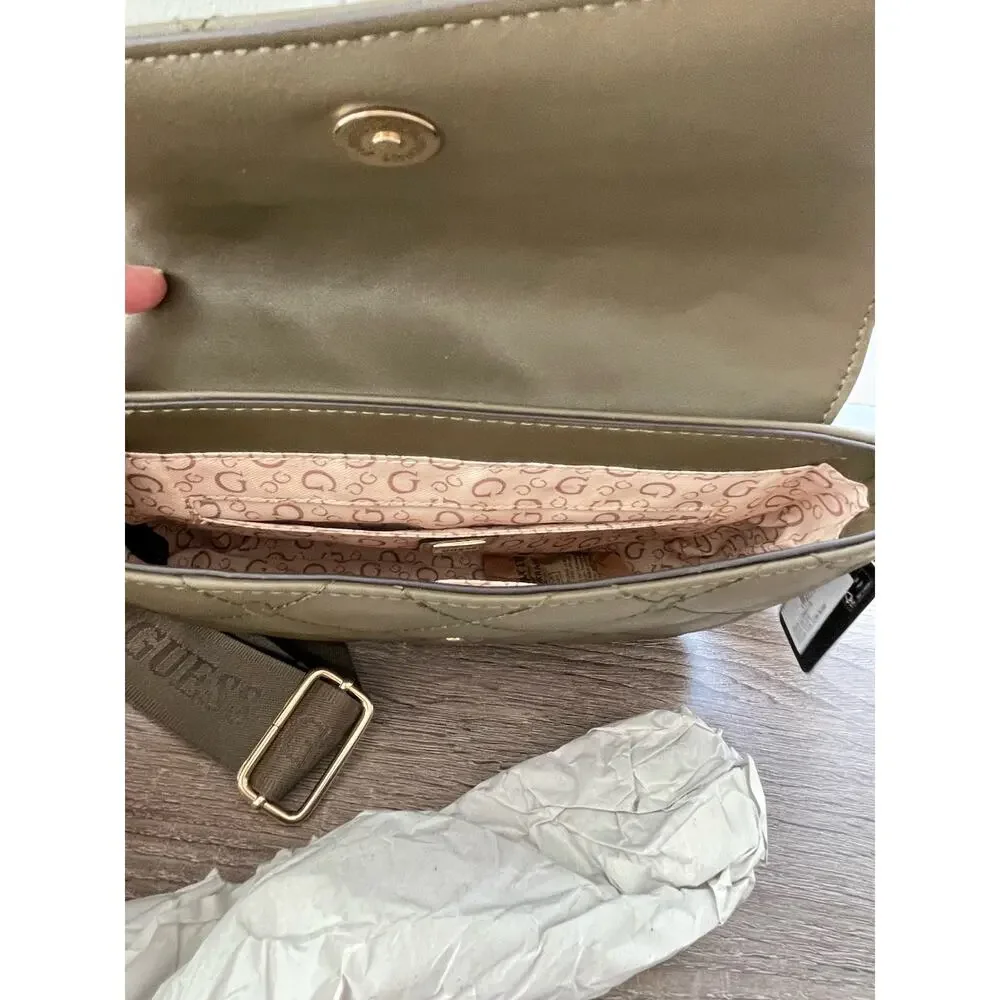 NWT GUESS Colton Mini Crossbody Bag Olive Green Quilted Faux Leather w Pouch